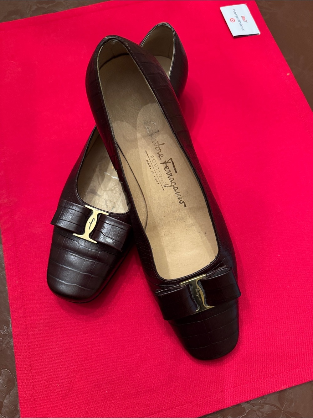 Salvatore Ferragamo Dark Brown Croc-Embossed Vara Bow Flats